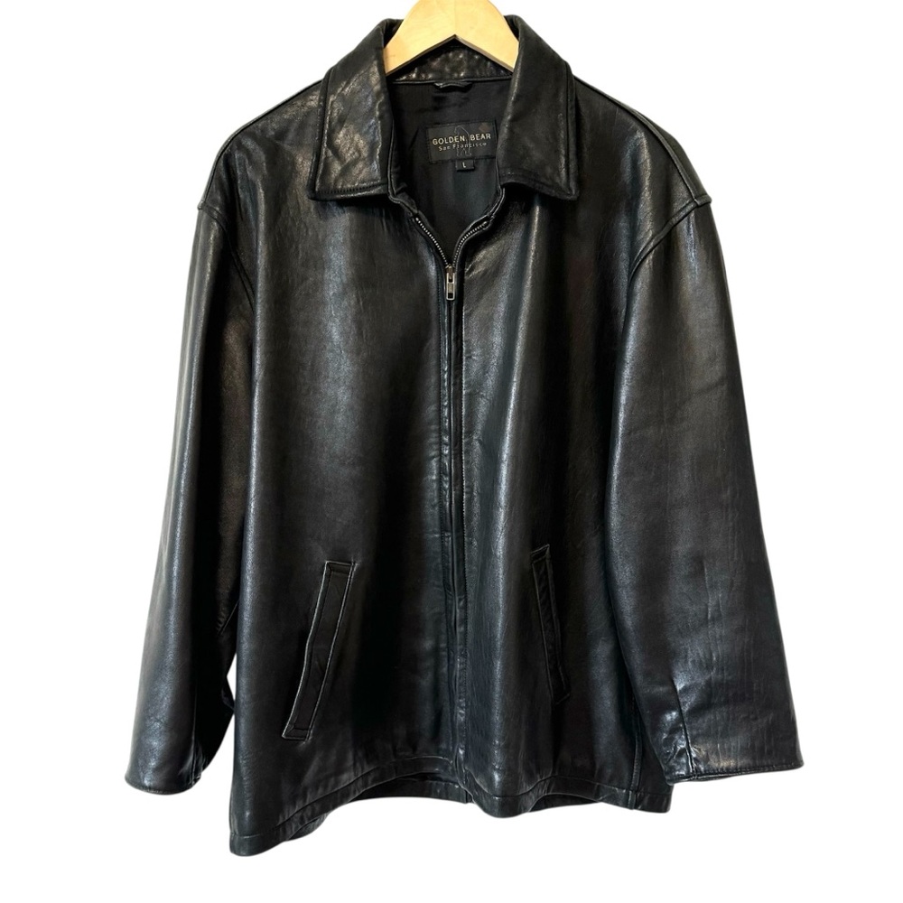 Golden Bear‎ Black Leather Jacket Mens Large Vintage Soft Bomber Distressed